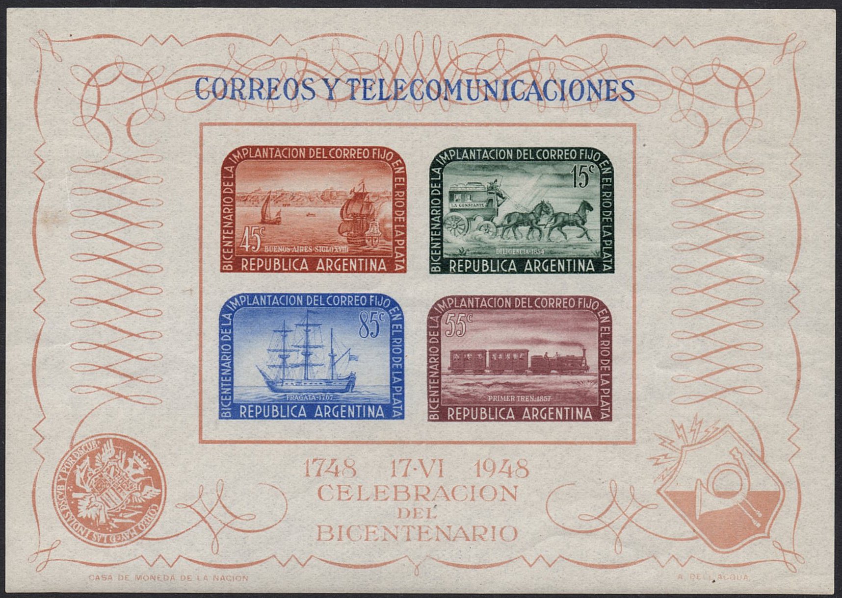 Argentina sellos 1948 Bicentenary of Rio de la Plata Postal Service issued souvenir sheet steam train